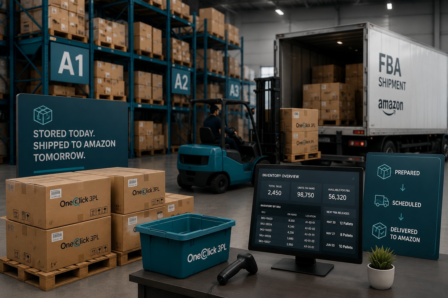 Warehouse racking with prepped FBA inventory, an inventory dashboard, and an Amazon-branded truck being loaded