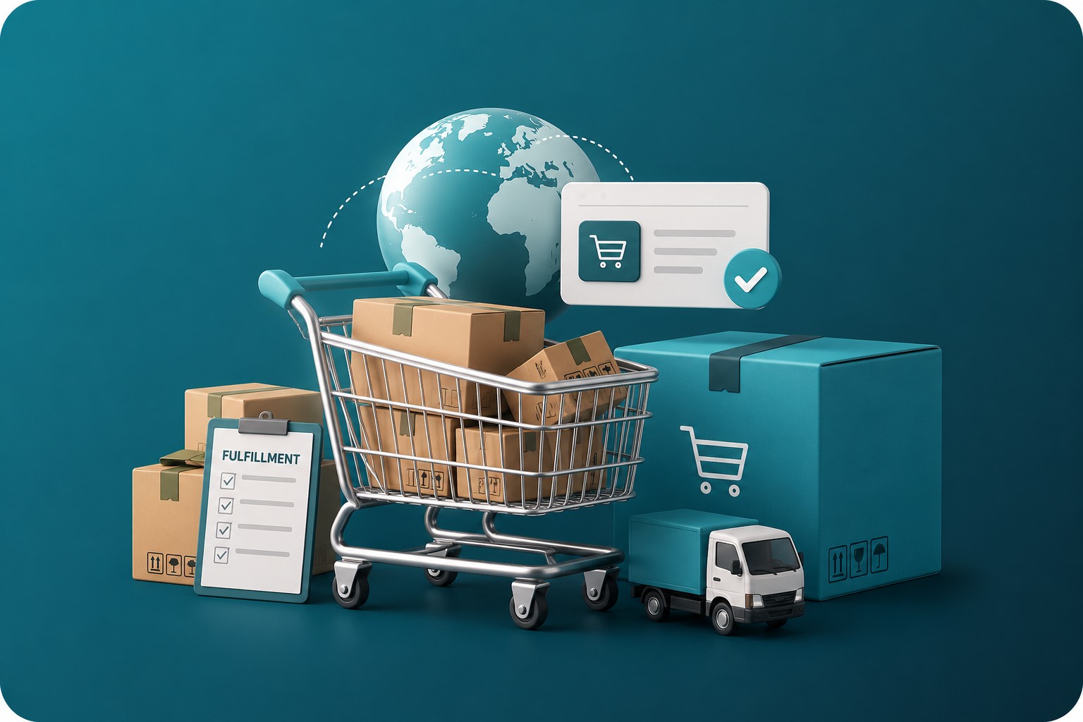 Ecommerce fulfillment: a cart full of packages, a verified online order, and a delivery truck ready to ship worldwide