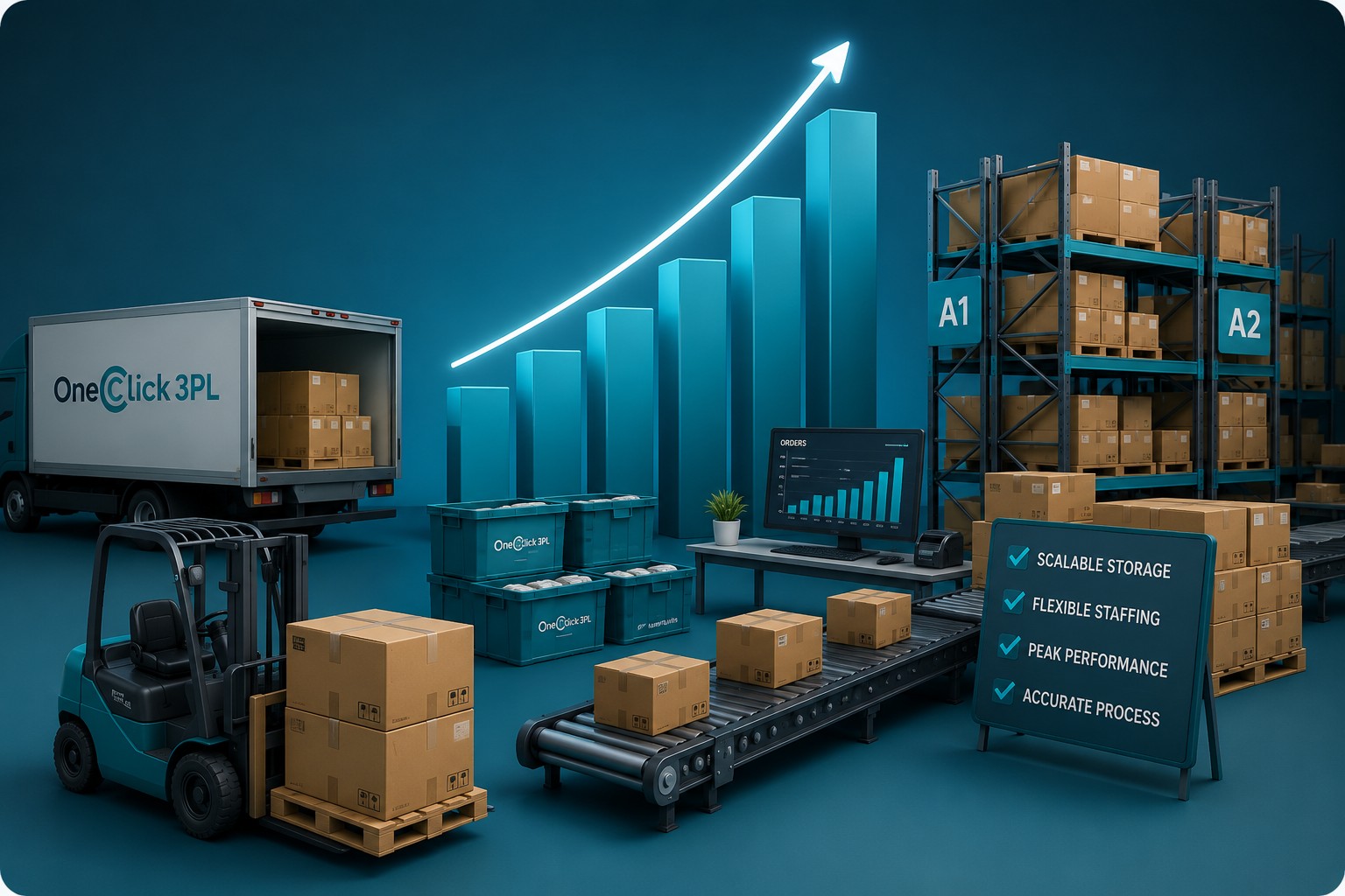 One Click 3PL warehouse scaling storage, staffing and order volume with a rising growth chart