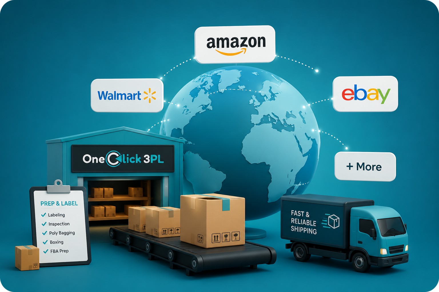 One Click 3PL warehouse prepping and shipping orders for Amazon, Walmart, eBay and other marketplaces