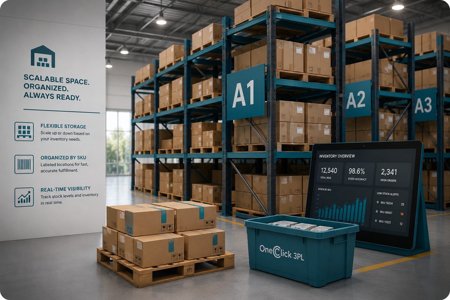 Organized warehouse racking labeled by SKU location with a real-time inventory dashboard